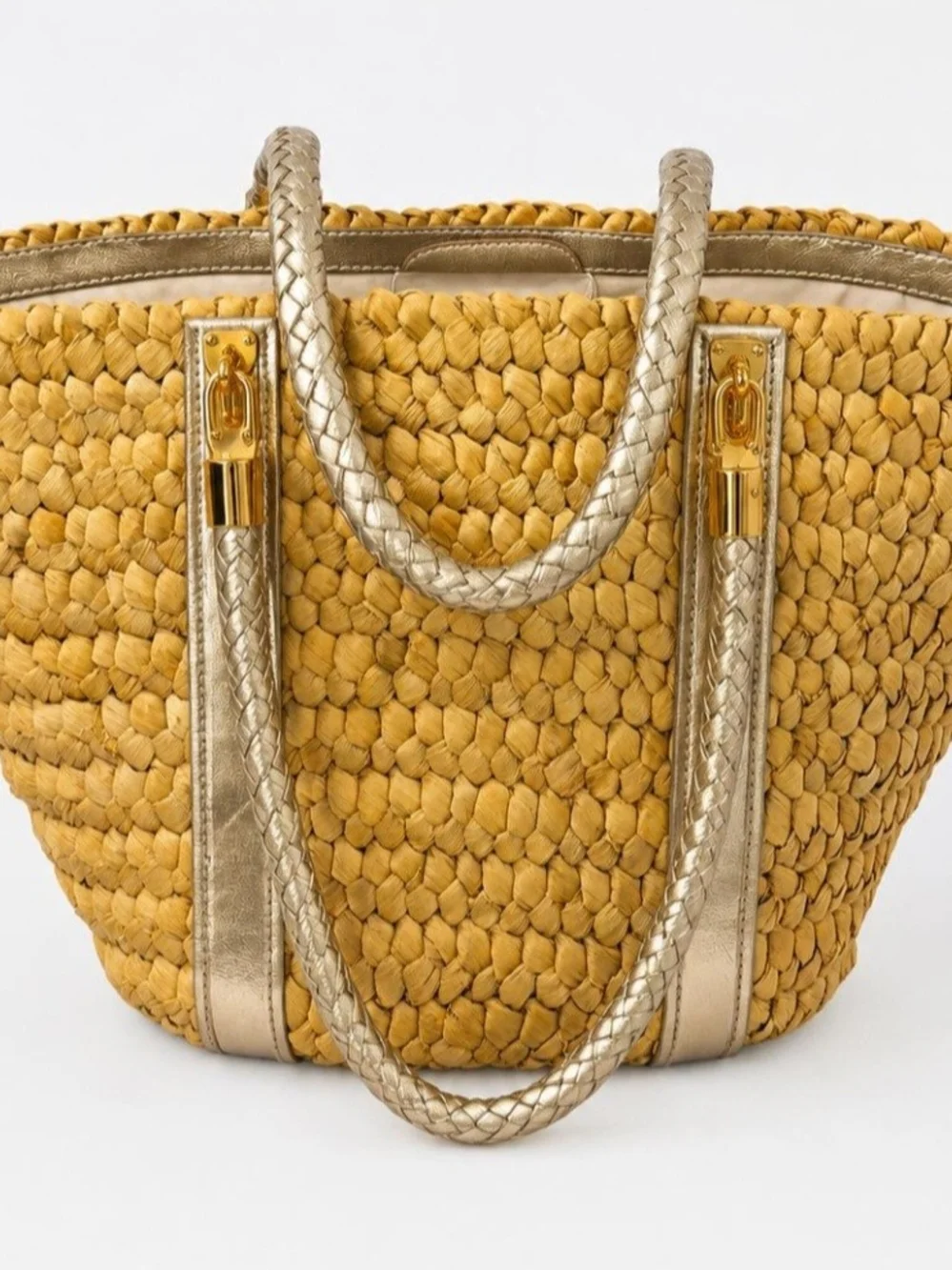 Michael Kors Woven Straw Tote Bag Metallic Champagne Leather Trim